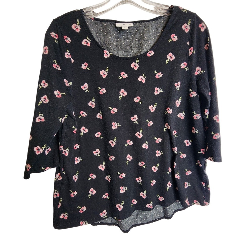J Jill Womens Medium Petite Black Floral Polka‎ Dot Mixed Media Split Back Top